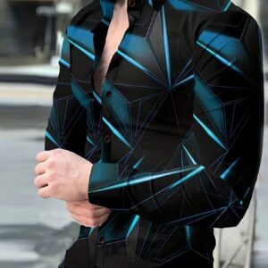 Men'S Vintage Long-Sleeve Collared Shirt with Geometric Patterns, Suitable for Parties, Business, Commuting, And Casual Occasions, Featuring Long Sleeves And a Button- Design.