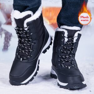 Men's Winter Snow Boots with Traction Tread - PU Upper & Sole, Short Ankle-High Warm Booties for Ice, Snow, Slush - Black/White Lacing Casual Outdoor (No s, Easy On/Off)