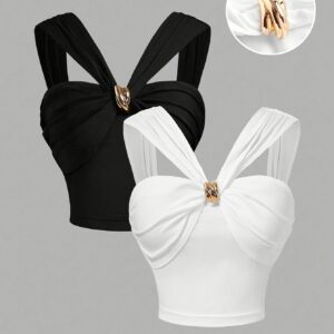 2pcs V-Neck Black and White Top with Metal Decoration ZLLZ