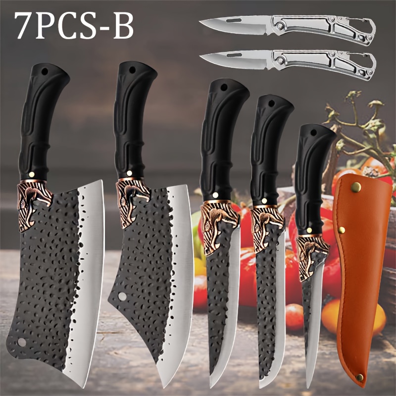 7pcs Professional Kitchen Chef Knife Set | Handmade Forged Stainless Steel Chef Knife, Utility Knife, Boning Knife, Cutting Knife, Fish Knife, Butcher Knife, Ultra-Sharp Bone Scissors, Boning Duck Fish Scissors - 301 Stainless Steel, 18.5 Inch Bla - Image 5