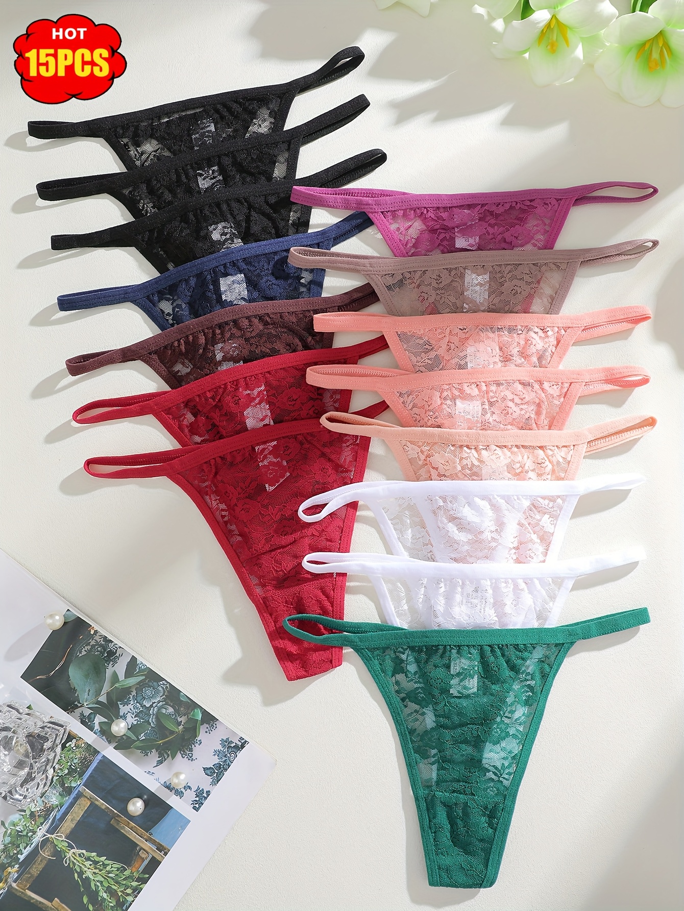 15pcs Bulk Pack Women's Elegant Low-Rise V-String Thong Underwear Set - Breathable Lace Triangle Panties with Faux Drawstring, Non-Sheer Comfortable Daily Wear (No Bulk/No Bulkiness) - Image 3