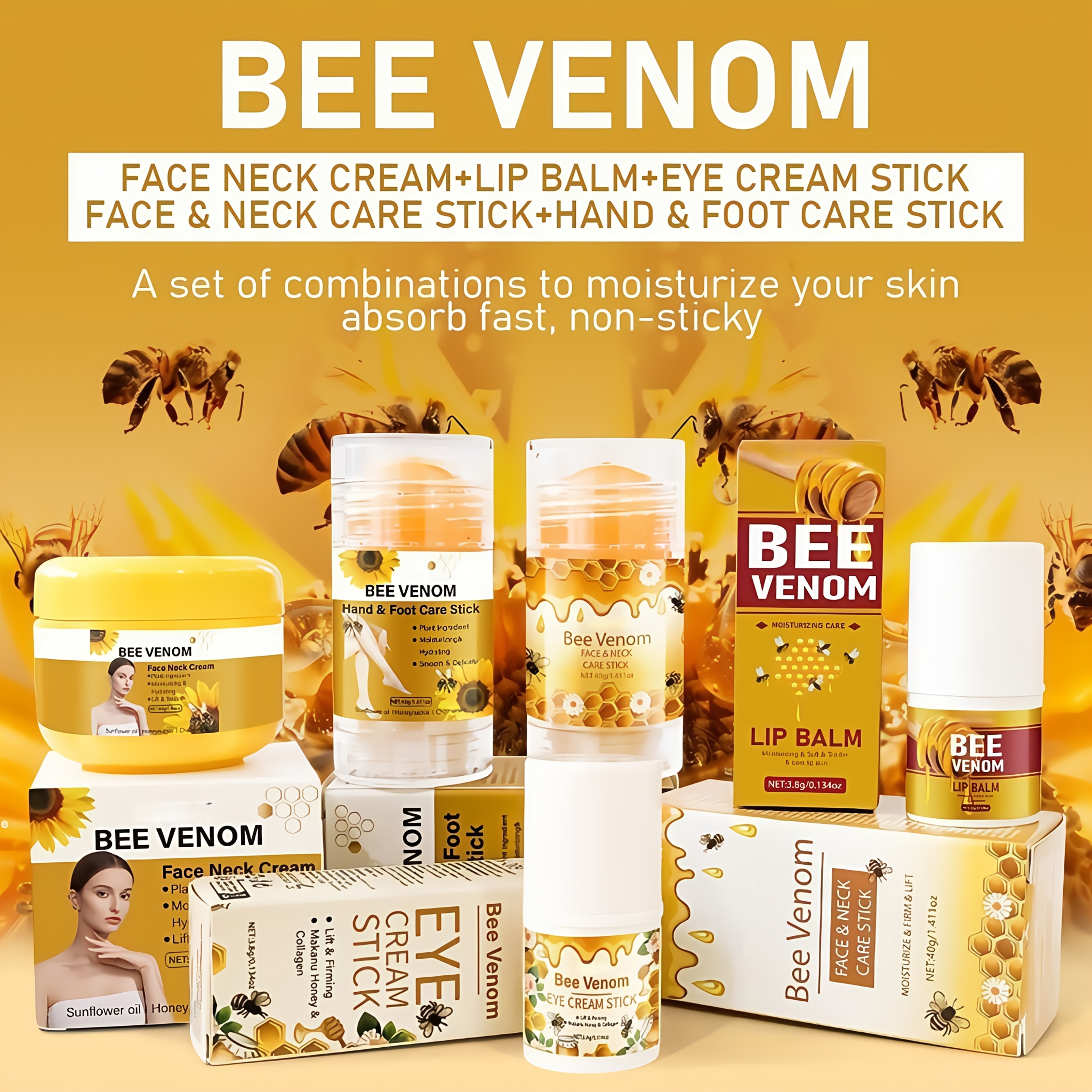 5pcs Bee Venom Care Set for Lips, Face, Neck, Hands, Feet and Whole Body Care, moisturizing and nourishing, suitable for dry and rough problems, all-round care, lightweight and non-greasy, fast-absorbing, mild and non-irritating, portable and easy to - Image 2