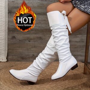 Elegant Knee-High Boots with Bow Detail -Square Toe, Chunky Low Heel, Lace-Up, Synthetic Upper with Rubber Sole. Available in White, Black, and Red. Exclusive for Fashionable Women. Women's Boots. Women's Boots. Women's Shoes