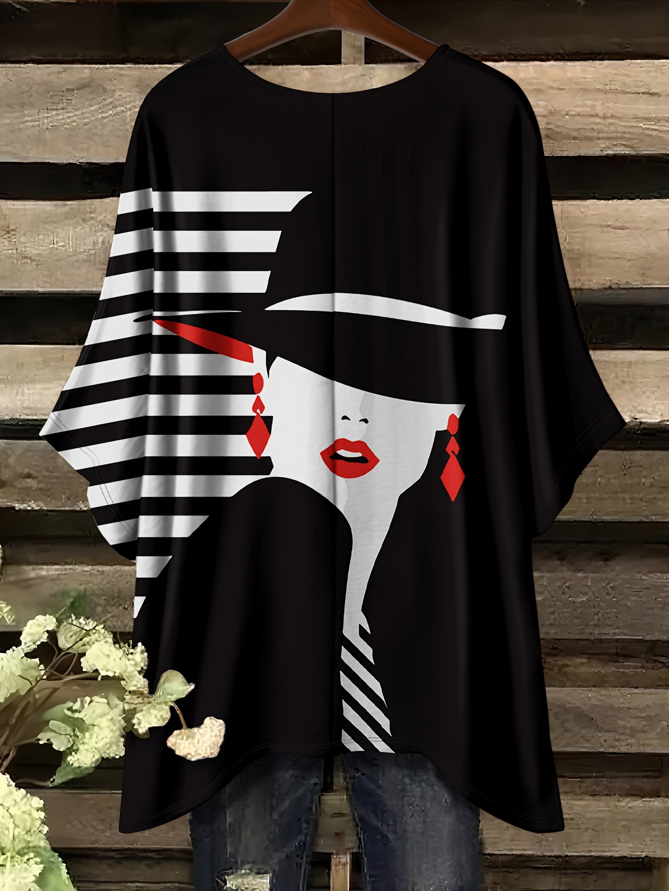 Plus Size, Women's Plus Size Short-Sleeve T-Shirt with Full-Body Striped & Plus Size Female Portrait Print - Round Neck Casual Blouse for All- Daily Wear, Work, Vacation - Machine Washable Tunic Top (No Accessories) - Image 2