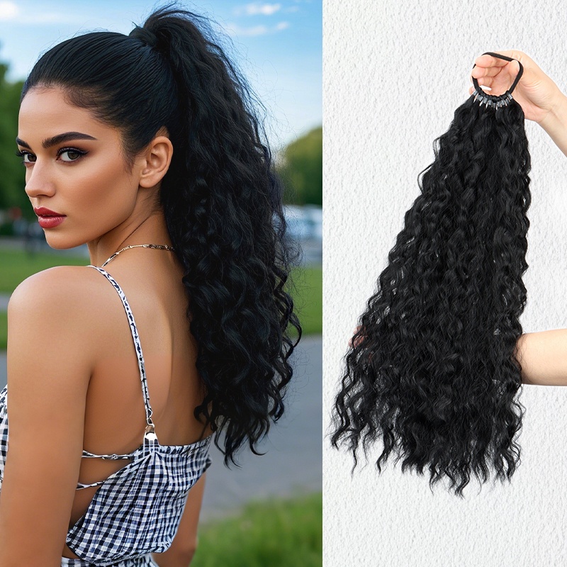 Women' Kinky Curly Long Ponytail Hair Extension - Volumizing Synthetic Fluffy Hairpiece with Elastic Band for Secure Fit, Volume & Curly Length for Parties, Weddings, Photo Shoots, Daily Use - Volume-Boosting Ponytail Add- for - Image 3