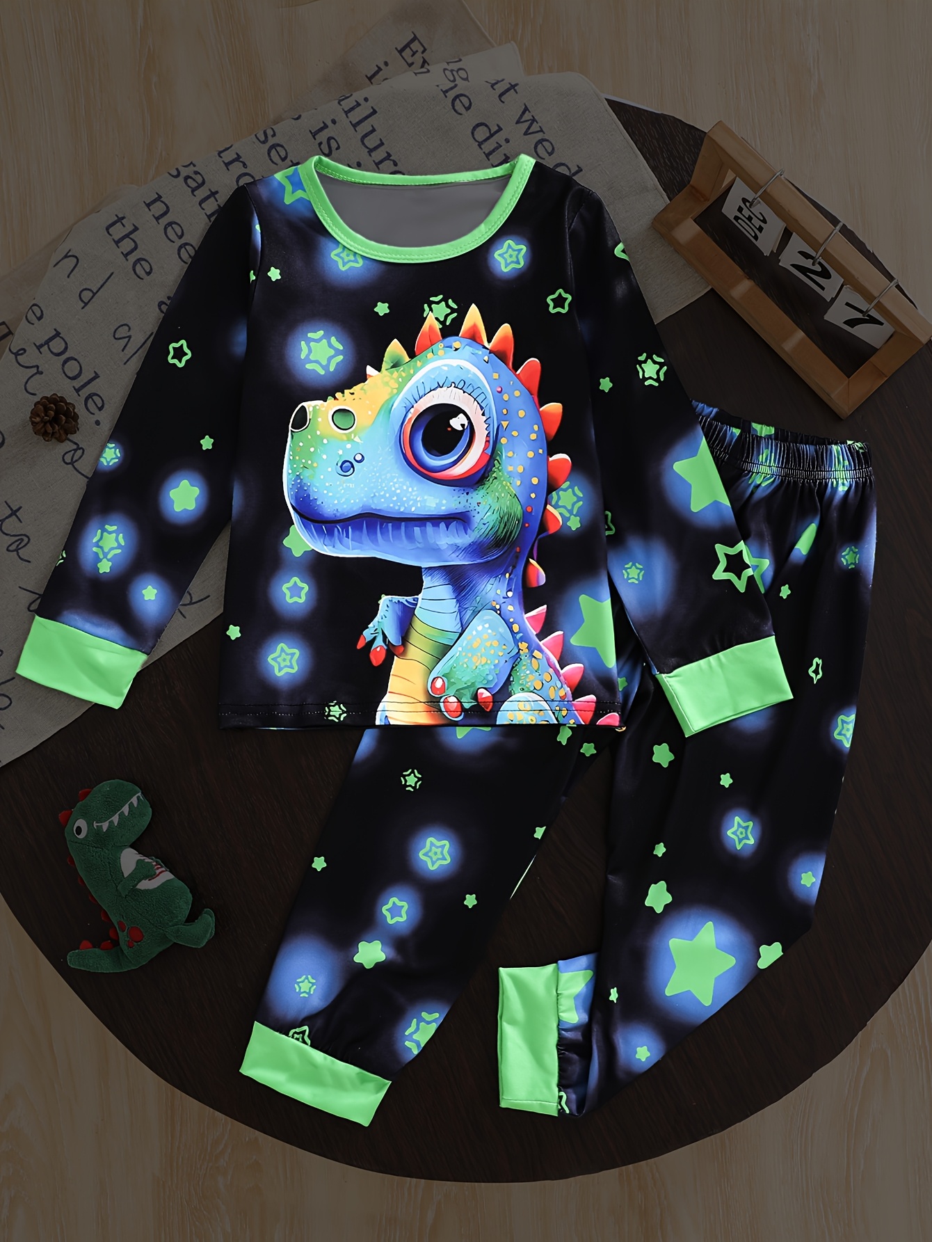 2pcs Boys' Dinosaur Pajama Set - Long Sleeve Pajamas with Matching Pants, Soft Sleepwear for Kids, Dinosaur Print Bedding Outfit (2pcs Set), Machine Washable Spring/Fall Sleepwear for Bedtime & Party - Ideal Boys Gift - Image 4