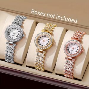 3pcs Women's Luxury Rhinestone Watches with Roman Numerals - Sparkling Quartz Wristwatches, Elegant Rhinestone Strap & Suitable for Weddings, Parties, Daily Wear - Affordable Luxury Watches for Women