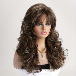 Women's 20-Inch Brown & Blonde Highlight Wig with Air Bangs - Heat-Resistant Synthetic Fiber Curly Wave Hair System, Blonde Blonde Balayage for Daily Wear, Parties, Cosplay & for halloween (Wearing with Glasses/Headpieces)