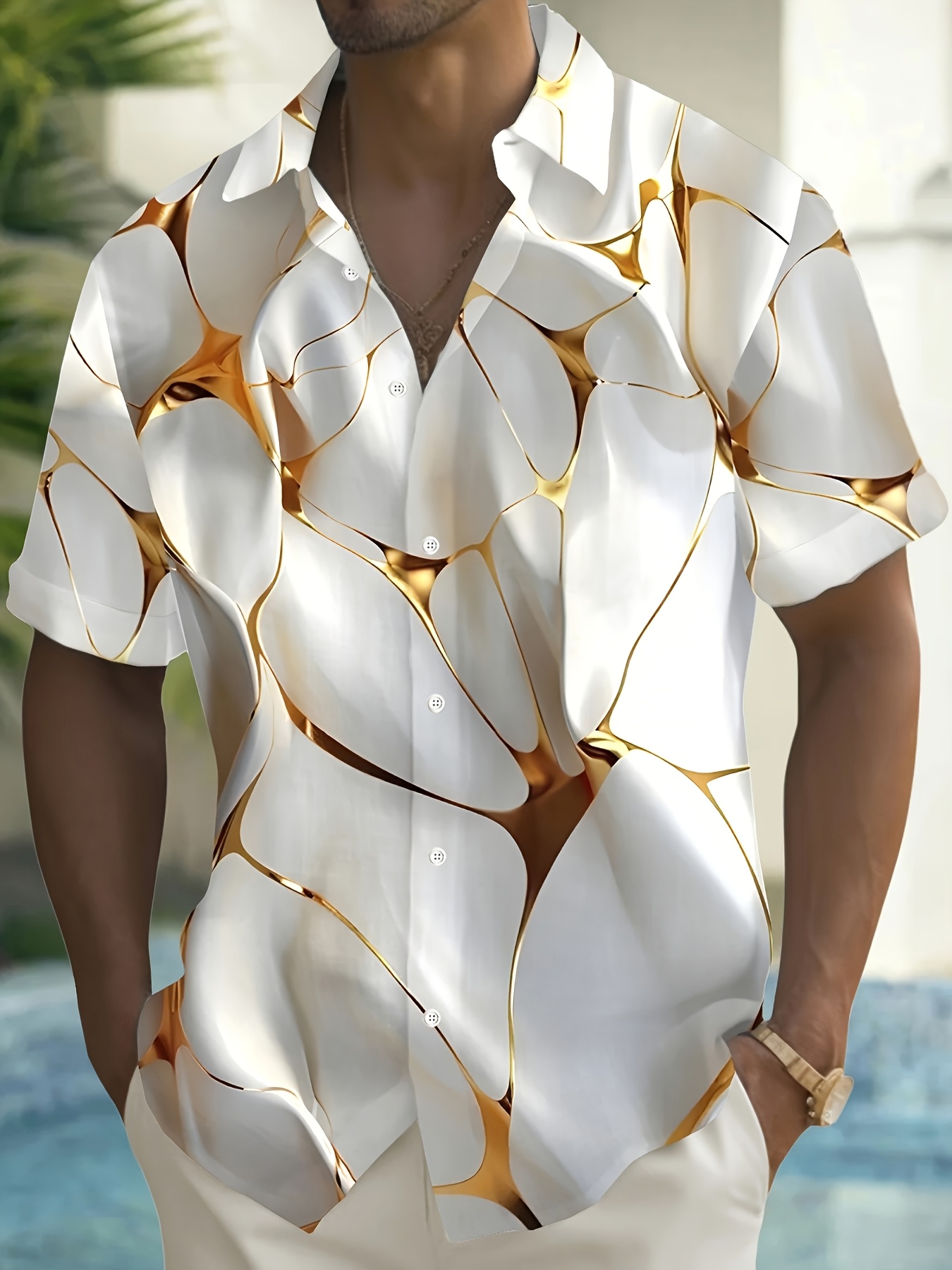 [Vintage 3D Print Shirt] Vintage-Inspired Golden & White 3D Print Men's Short S…