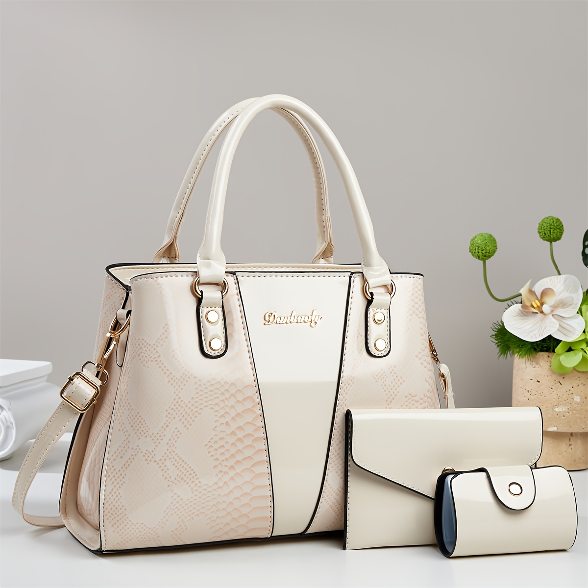 Women's European Special Handbag 3pcs - Sequin Accent Snake Light Beige (Compatible with), Detachable Strap & Zipper Closure, Earth /////, Elegant for Commuting & Special Events, for - Image 14