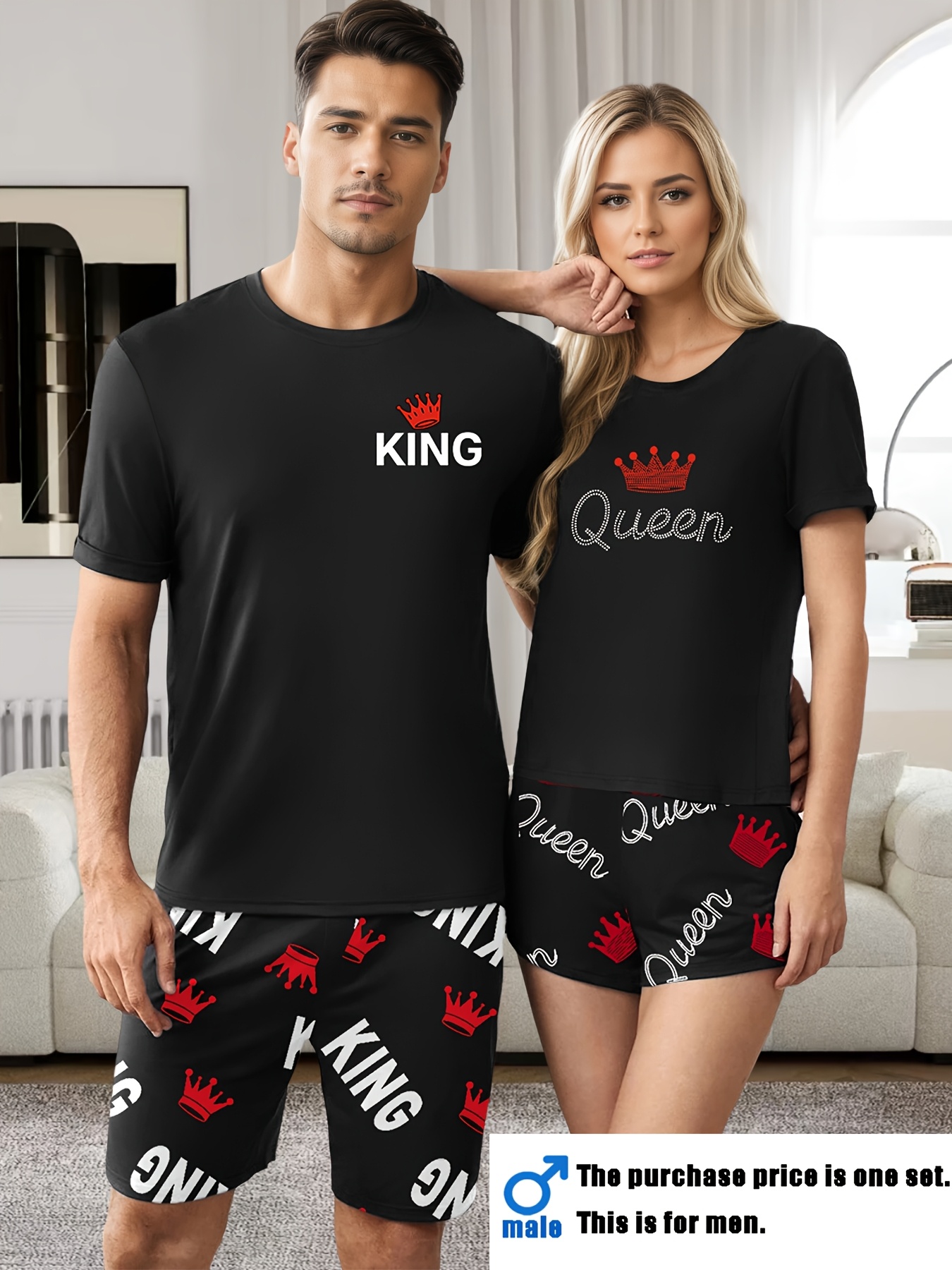 MEN/WOMEN Couple Style King & Queen Letter Print Men's Short Sleeve Shorts Loungewear Set or Women's Short Sleeve Shorts Loungewear Set, Men's Set or Women's Set, 1 Set - Image 7