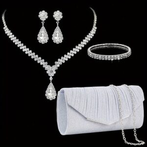 Women's Fashion Versatile Elegant Rhinestone Decorated Clutch Evening Bag Chain Shoulder Bag Dress Bag Necklace Earrings Bracelet Banquet 4pcs Set