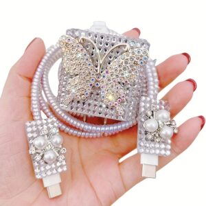 Shiny Diamond Butterfly Charger Cable Protector Set/5pcs/Data Cable Protector with Storage Buckle/for Apple Fast Charger/Compatible with iPhone 11/12/13/14 Series