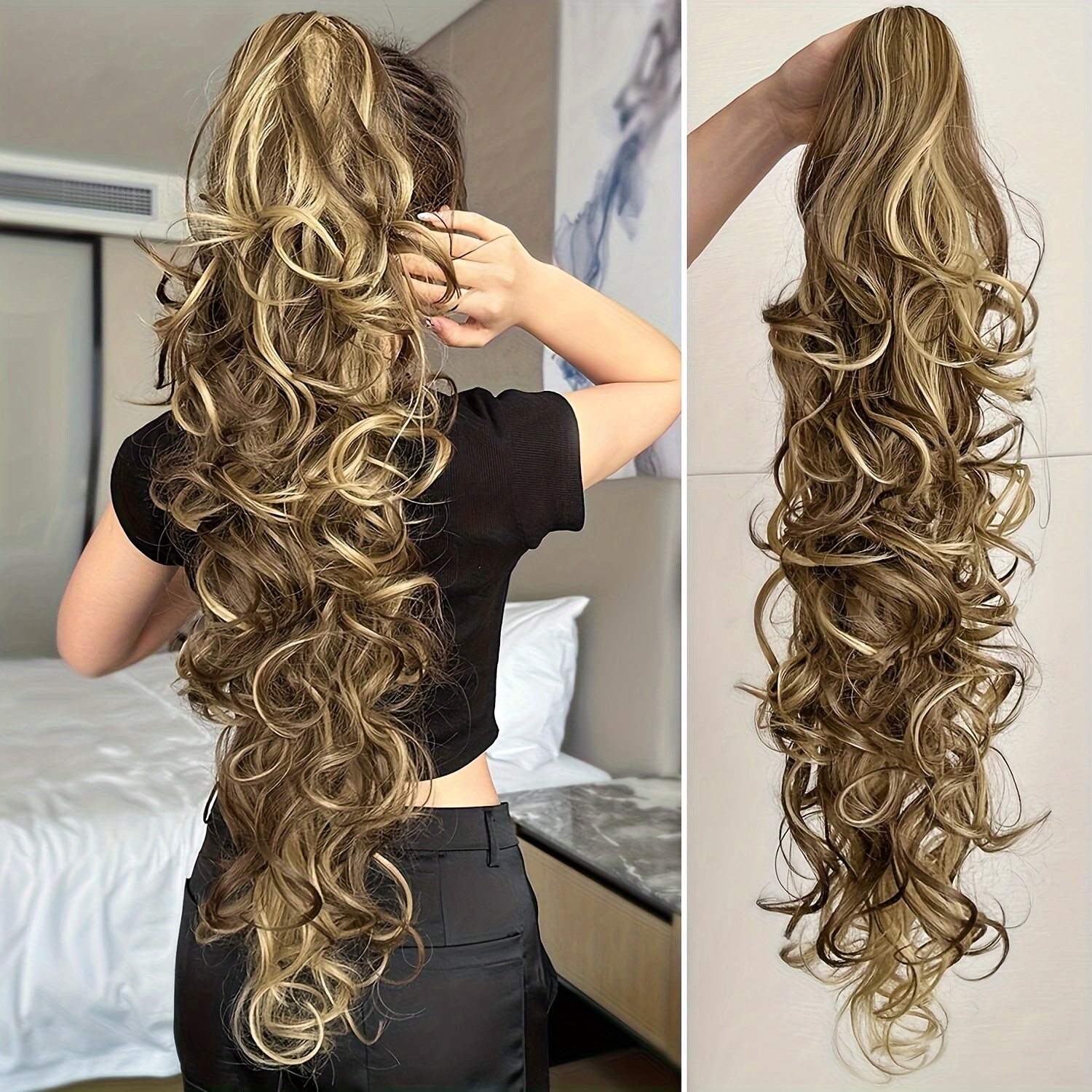 Women's Clip-In Ponytail Hair Extensions, Voluminous Wavy Curly Synthetic Hairpiece with Clip-On Attachment, Long Ponytail for Volume & Length, Soft Waves for Short Hair, Dark Brown/Black, for Parties, Weddings & Daily Use