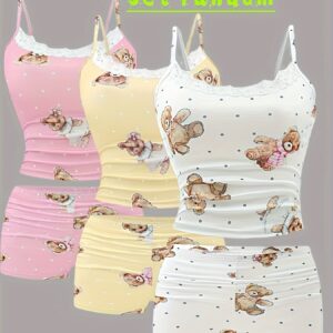 [Cute Pajama] Cute Cartoon Polka Dot Bear Print One-Piece Tank Top and Elastic Waist Shorts Pajama Set