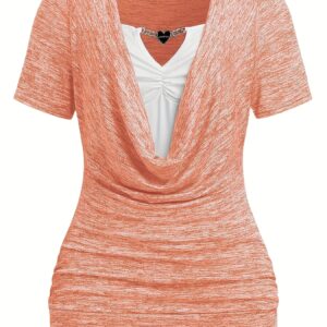 Women's Buckle Chain Spliced Pleated Texture Casual Summer Short Sleeve Top Faux Two-Piece T-Shirt