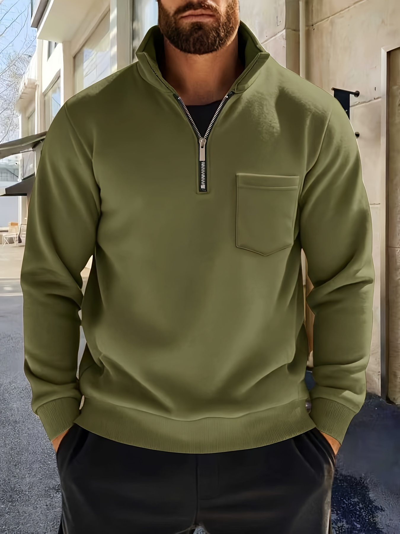 Men'S Thickened Long-Sleeve Shirt - Half-Zip, Versatile Long-Sleeve Polo Shirt, Casual And Adaptable, Featuring a Chest Pocket, Suitable for Autumn/Winter. - Image 3