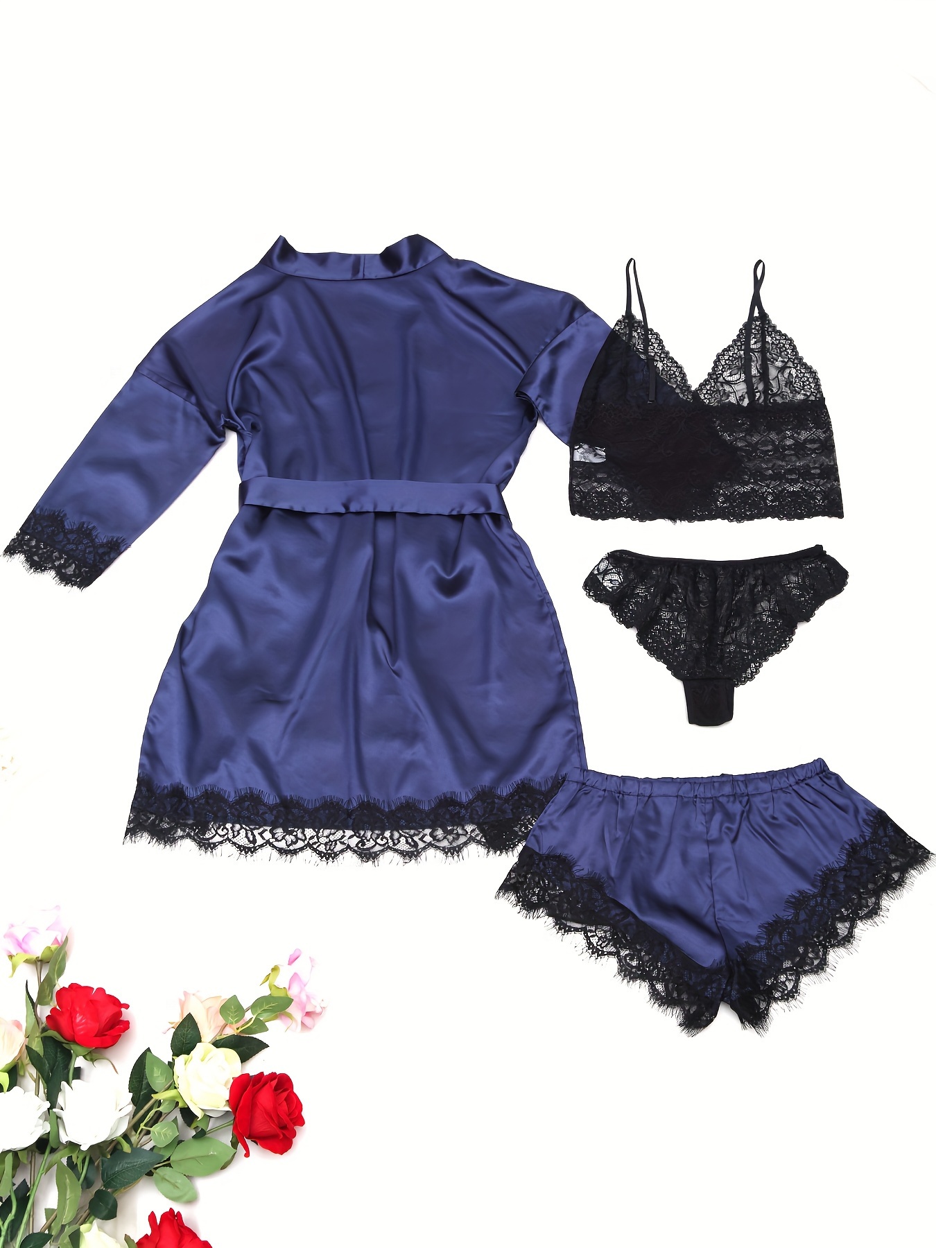 Ladies' Pajamas Homewear Bathrobe Five-Piece Set Multi-Color No Figure, Sexy, Solid Color, Contrast Lace, No Padding, with Belt, for Adult - Image 7
