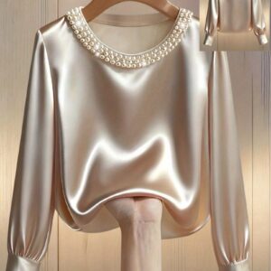 Elegant Women'S Crew Neck Pearl-Decorated Long Sleeve T-Shirt | Suitable for Commuting, Solid Color, All Seasons