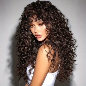 Long Brown Curly Wigs Designed for Women, Made from Heat-Resistant Synthetic Fibers, Featuring -Looking Voluminous Waves. A Versatile Hairpiece Perfect for Christmas Cosplay, Daily Parties, And Fashion Enthusiasts.