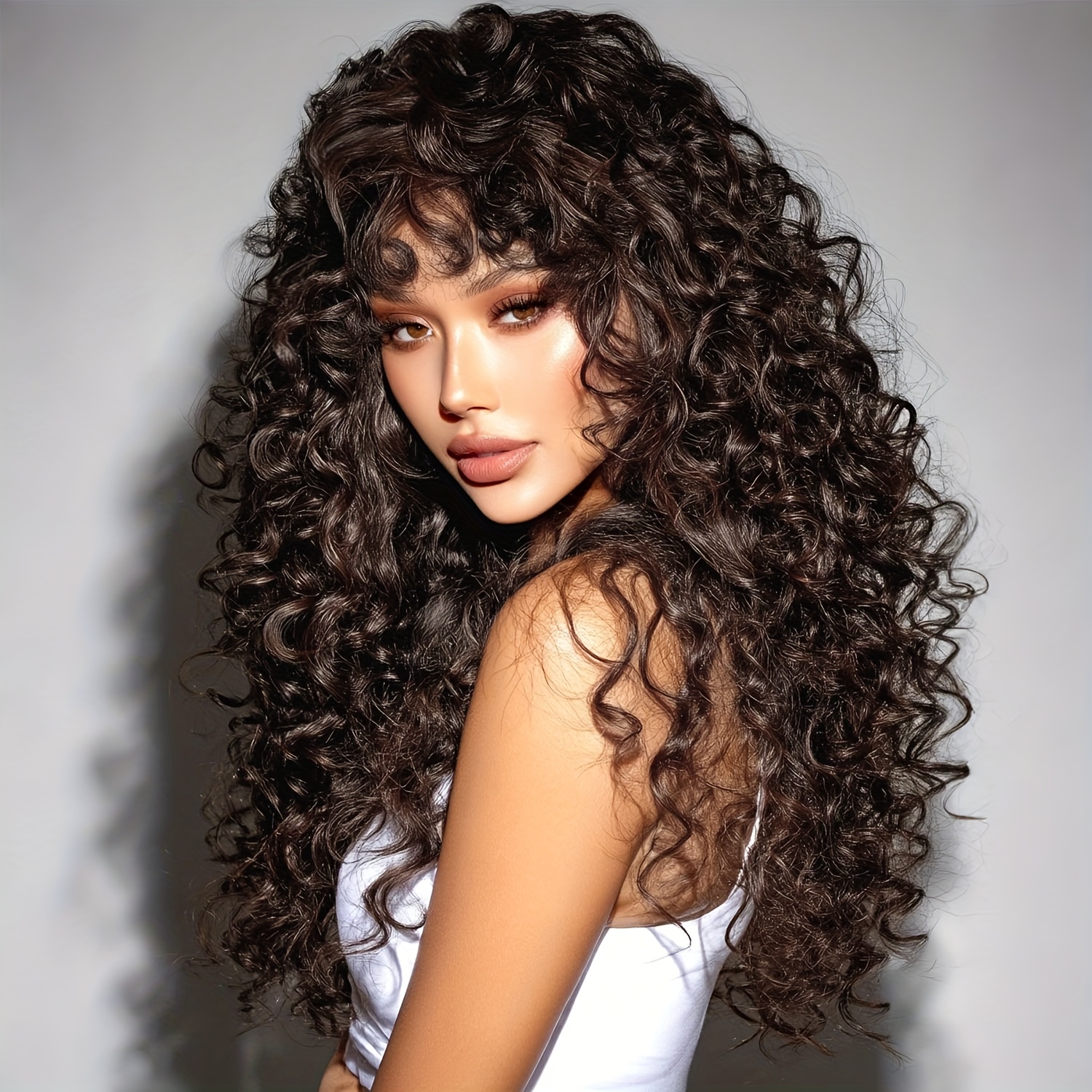 Long Brown Curly Wigs Designed for Women, Made from Heat-Resistant Synthetic Fibers, Featuring -Looking Voluminous Waves. A Versatile Hairpiece Perfect for Christmas Cosplay, Daily Parties, And Fashion Enthusiasts.