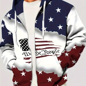 Men's 3D American Flag Print Pullover Zip-Up Hoodie with Kangaroo Pocket, Streetwear for Spring and Autumn, Ideal as a Gift