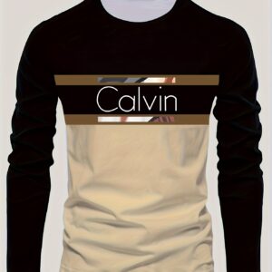 Men'S Long-Sleeve T-Shirt - Features a Black to Brown Gradient Design with 'CALVIN' Letter Print, Stretchy And Comfortable Fit, Suitable for Both Casual And Formal Wear, a Must-Have for Spring And Autumn - CALVIN Apparel, Spring And Autumn Tops