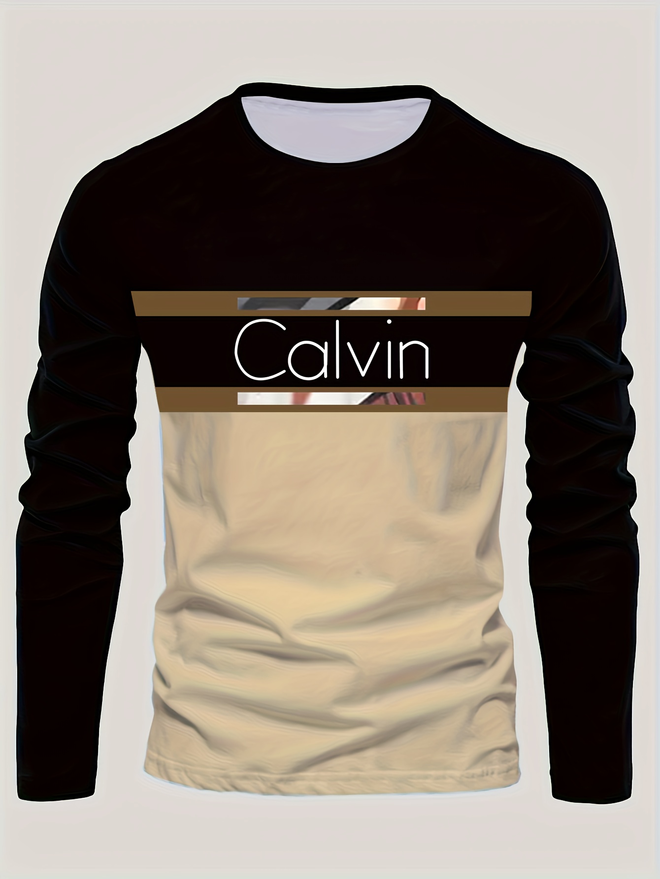 Men'S Long-Sleeve T-Shirt - Features a Black to Brown Gradient Design with 'CALVIN' Letter Print, Stretchy And Comfortable Fit, Suitable for Both Casual And Formal Wear, a Must-Have for Spring And Autumn - CALVIN Apparel, Spring And Autumn Tops