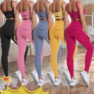 5pcs High Waist Yoga Leggings with 4 Pockets, Multipack Butt Lifting Tummy Control Workout Running 4 Way Stretch Cargo Sports Pants, 5pcs Leggings Set