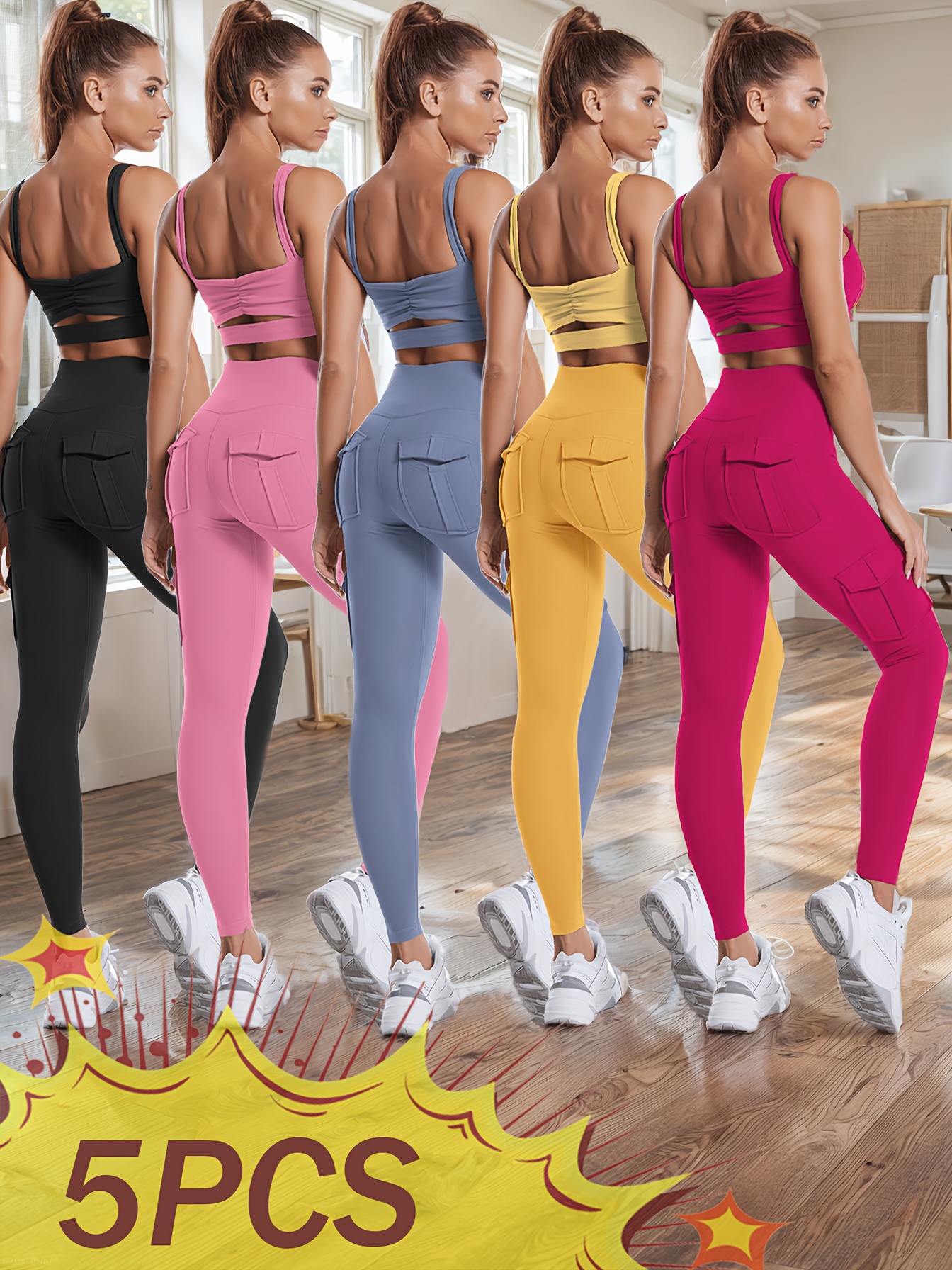 5pcs High Waist Yoga Leggings with 4 Pockets, Multipack Butt Lifting Tummy Control Workout Running 4 Way Stretch Cargo Sports Pants, 5pcs Leggings Set