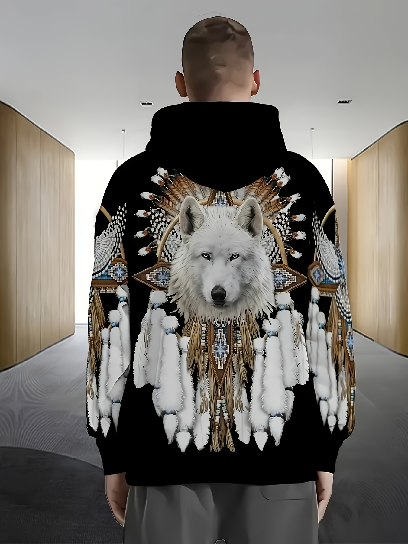 Plus Size Printed Hoodie with Zipper - Stylish Wolf King Graphic, Elastic Fabric Machine Washable for Fitness Running Spring Autumn Outdoor Casual Streetwear Niche Sportswear Eye-Catching Pattern Easy Care Long Sleeve Top, PLUS SIZE - Image 7