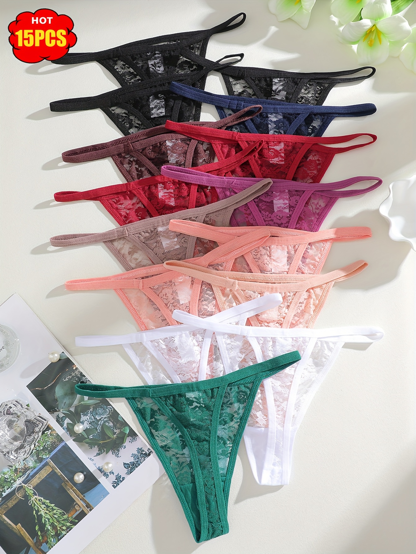 15pcs Bulk Pack Women's Elegant Low-Rise V-String Thong Underwear Set - Breathable Lace Triangle Panties with Faux Drawstring, Non-Sheer Comfortable Daily Wear (No Bulk/No Bulkiness) - Image 2