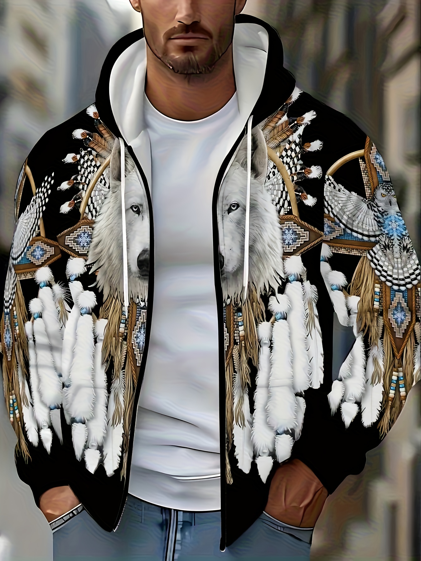 Plus Size Printed Hoodie with Zipper - Stylish Wolf King Graphic, Elastic Fabric Machine Washable for Fitness Running Spring Autumn Outdoor Casual Streetwear Niche Sportswear Eye-Catching Pattern Easy Care Long Sleeve Top, PLUS SIZE - Image 2