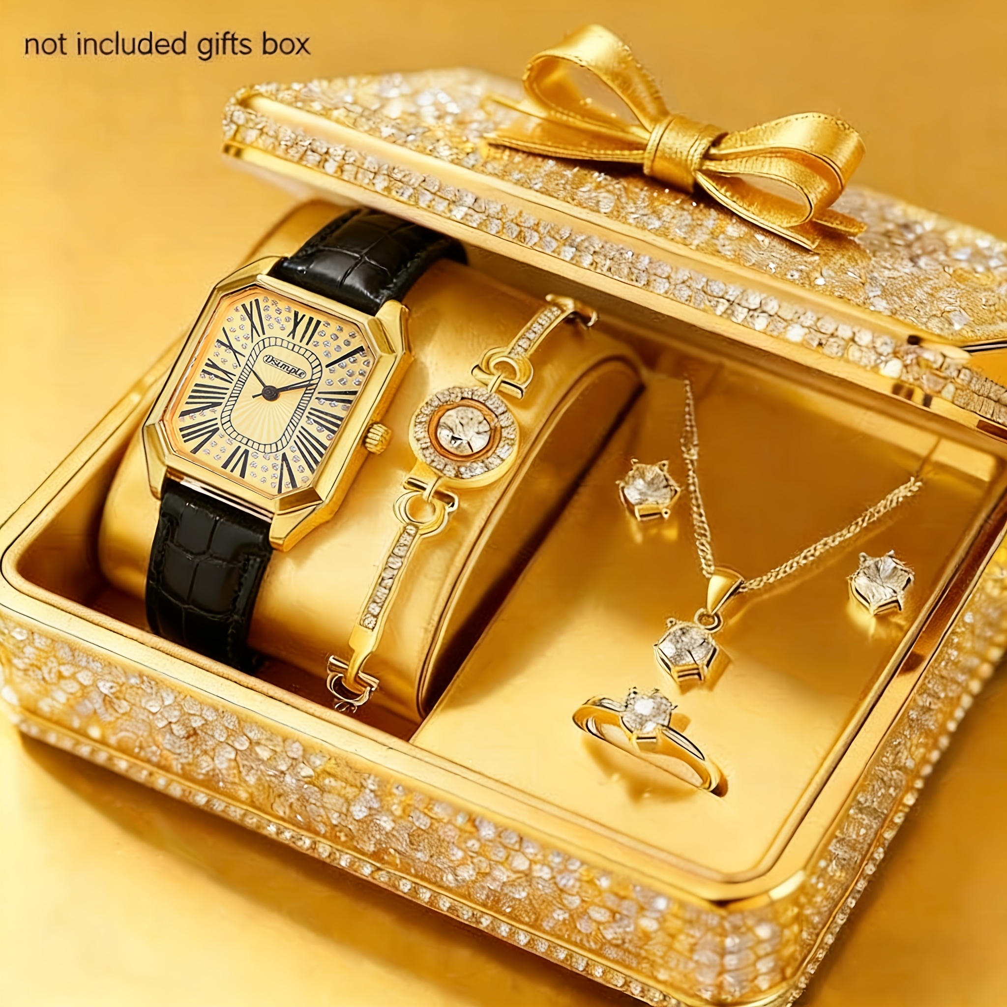 6pcs/ Set Women Watches Set & 5pcs Luxury Jewelry For Women Set, Bracelet, Necklace, Aretes Para Nina, Ring, Golden & Silvery Elegant Women Watche Set, Quartz Movement, Perfect For Valentine'S Day Christmas Birthday Gifts For Women, Reloj De Mujer. - Image 5