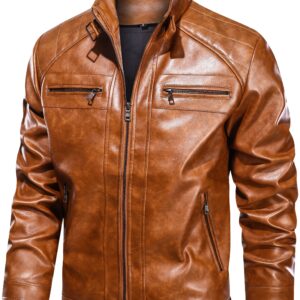 Men's Stand Collar PU Leather Jacket Lightweight Faux PU Leather Motorcycle Casual Jacket