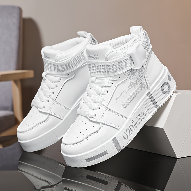 Men'S High-Top Casual Sneakers - White & Black Random Pattern, Synthetic Cover Upper, EVA Cushioned Sole, Breathable Fabric Lining, All-Season Comfort for Casual Attire, Comfortable Footwear, Modern Hightops, Durable Footwear, Sporty Design, Lightweight Construction, Urban Fashion - Image 4