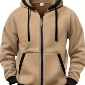 Men'S Casual Color Block Hoodie with Zipper Closure - Olive Green & Black Two-Tone Design, Long Sleeve, Regular Fit, Sweatshirt, Casual Wear Hoodie | Twotone Design | Knit Construction, Essential Hoodie