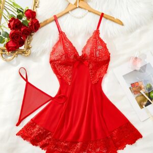 Women'S Red Lace Nightgown - Sexy Slip Dress with Bow Detail, Backless Design, and High-Low Hem, Perfect for Intimate Moments, Intimate Apparel | Elegant Nightwear | Lace Fabric