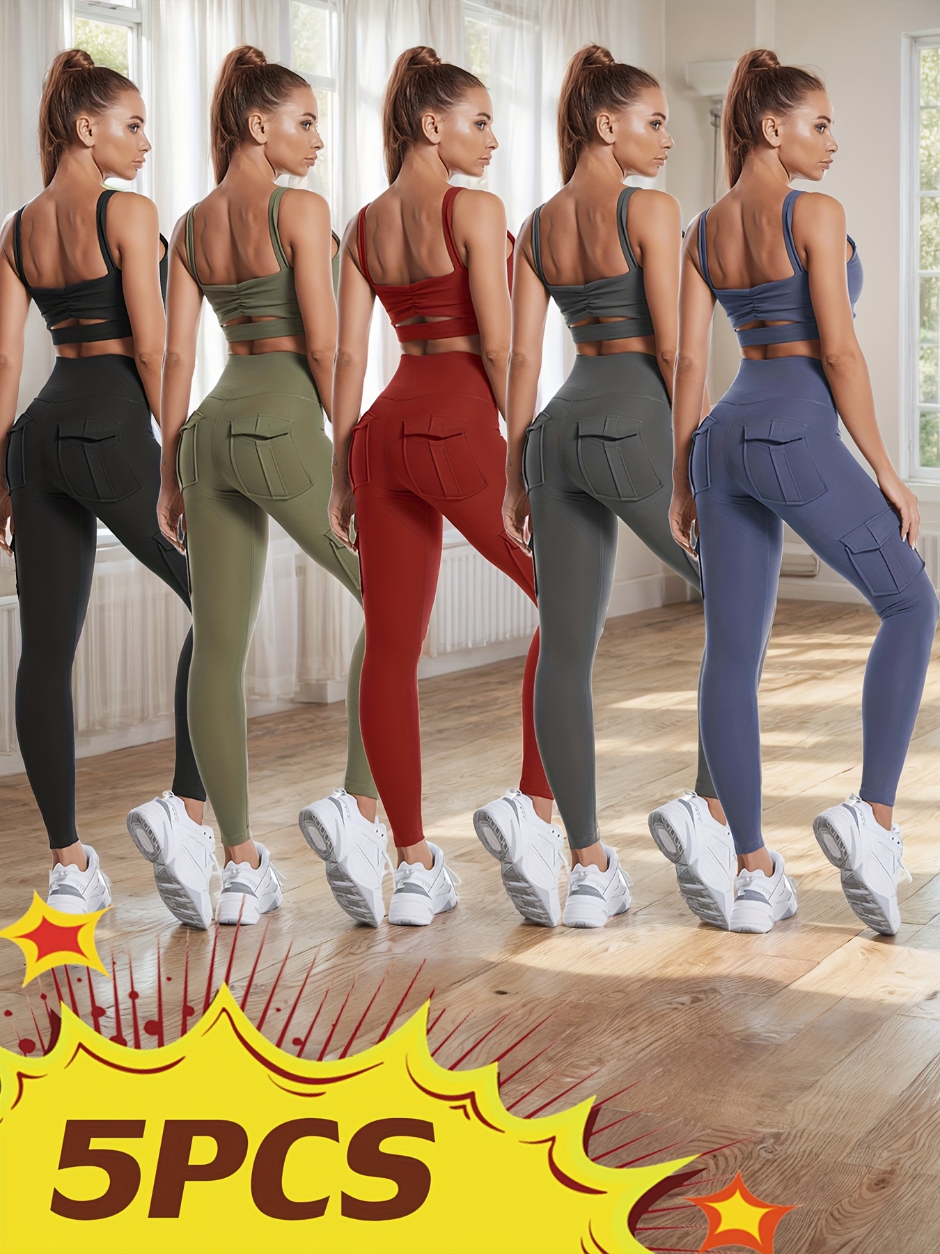 5pcs High Waist Yoga Leggings with 4 Pockets, Multipack Butt Lifting Tummy Control Workout Running 4 Way Stretch Cargo Sports Pants, 5pcs Leggings Set - Image 6