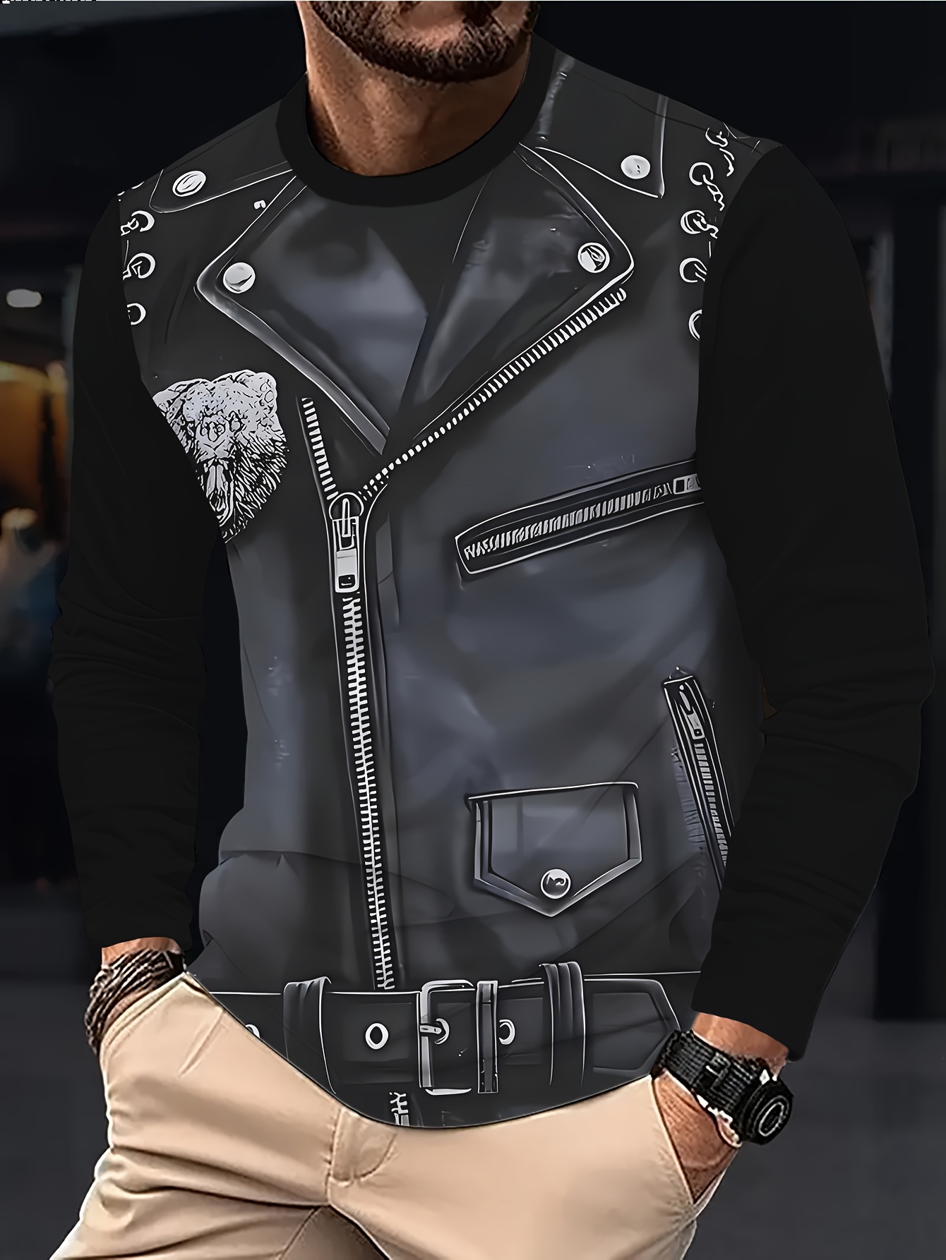 Men's 3D Digital Print Casual T-Shirt, Imitation Zipper Leather Pattern Print Novelty Long Sleeve 2025 New Gift Choice Breathable Stretch Fabric Crew Neck Suitable for all seasons, smooth texture Sporty Comfortable and versatile fashionable - Image 6