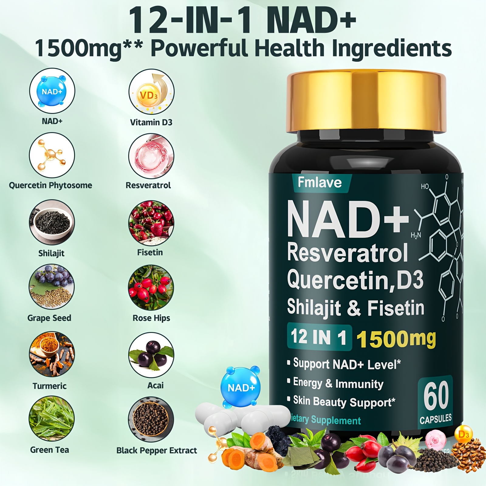 NAD+ Beauty Support Supplement, 12-in-1 Cellular Energy with Resveratrol, Fisetin, Turmeric & Black Pepper, Support Immunity & Brain Health for Women & Men, 30 Days Supply - Image 3