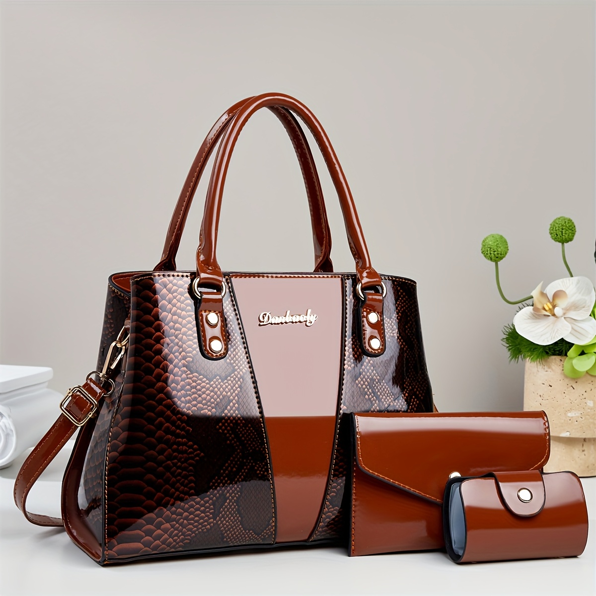 Women's European Special Handbag 3pcs - Sequin Accent Snake Light Beige (Compatible with), Detachable Strap & Zipper Closure, Earth /////, Elegant for Commuting & Special Events, for - Image 12