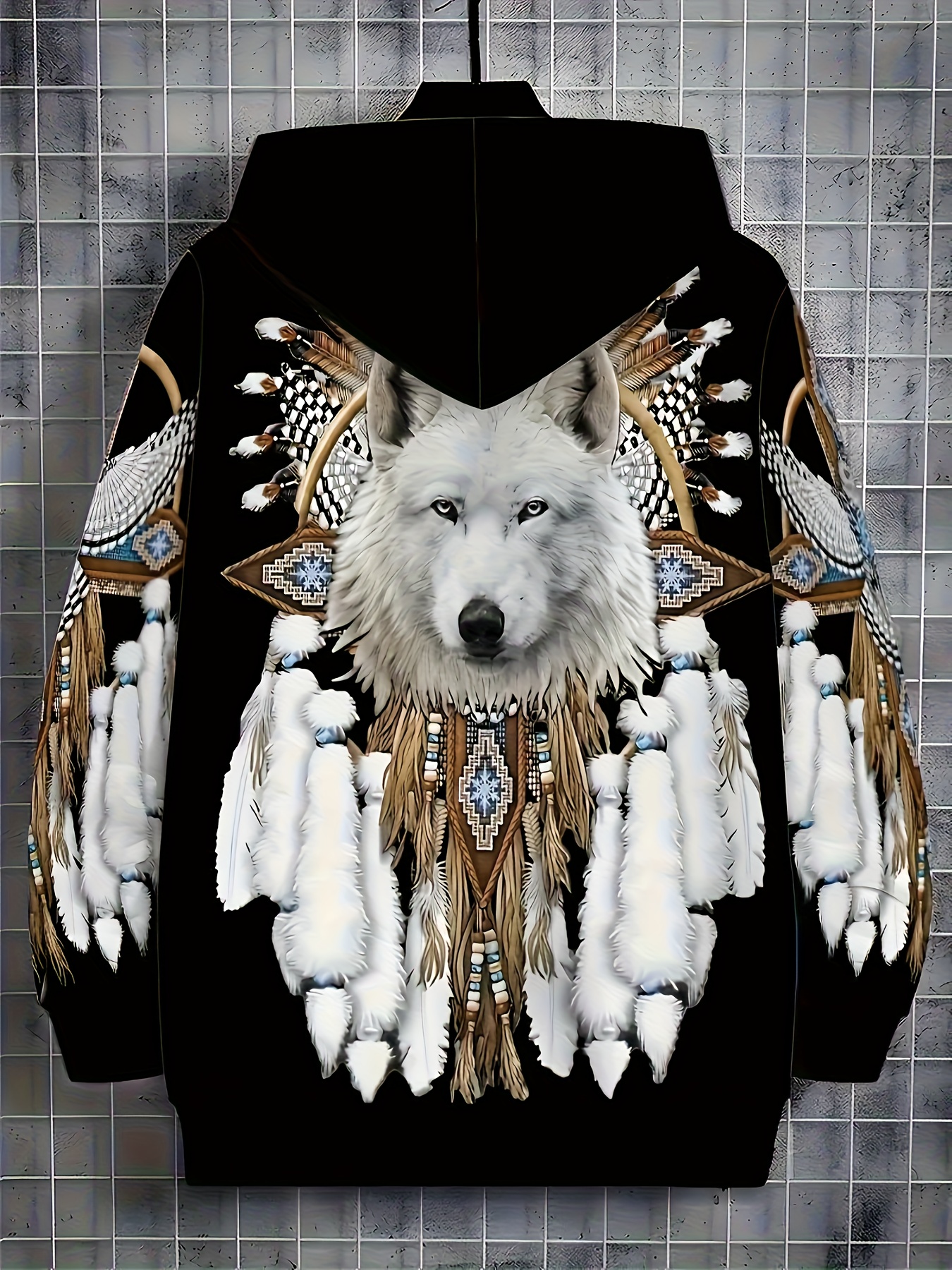 Plus Size Printed Hoodie with Zipper - Stylish Wolf King Graphic, Elastic Fabric Machine Washable for Fitness Running Spring Autumn Outdoor Casual Streetwear Niche Sportswear Eye-Catching Pattern Easy Care Long Sleeve Top, PLUS SIZE - Image 6