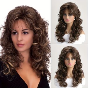 20" Elegant Brown & Light Golden Highlights Long Curly Wig with Air Bangs - Heat-Resistant Synthetic Fiber, Rose Net Cap, Ideal for Daily Use & Special Events
