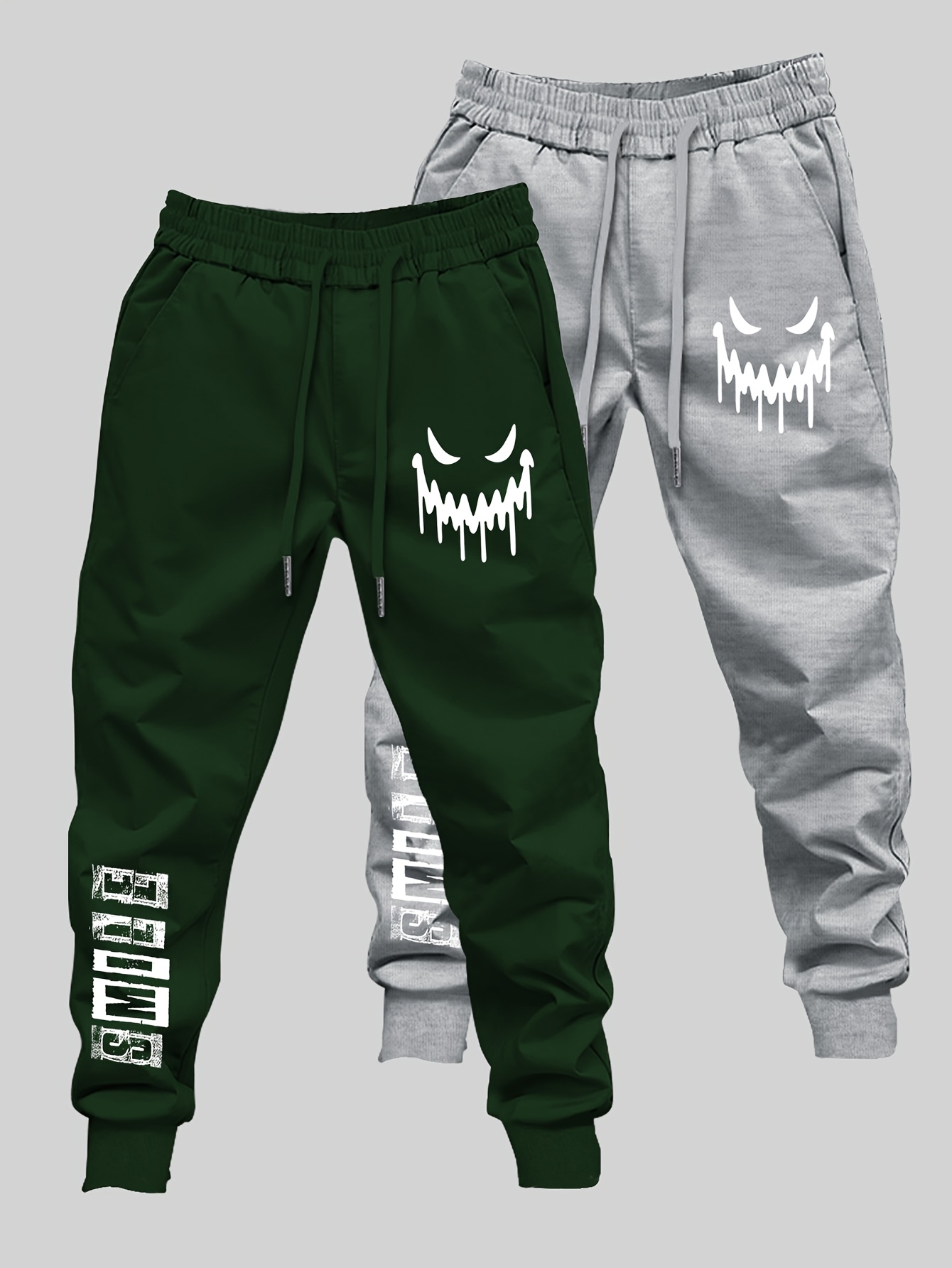 2pcs Men's joyful Face Doodle Lettering Print Pants - Elastic Cool-Fit Casual Gym Wear, Pockets Suitable for Autumn/Winter, Machine-Washable Long Pants (2pcs Bundle) - Image 3
