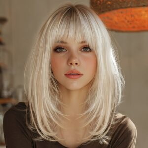 A Stylish Short White Wig for Women Featuring Bangs, Perfect for Weddings, Parties, Everyday Wear, And As Holiday Gifts. This Elegant Synthetic Wig in Golden Is Comfortable, Breathable, And Lightweight, Ideal for Occasions Like Valentine'S Day And C