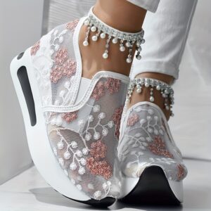 Sneakers with Floral Embroidery And Sheer Mesh
