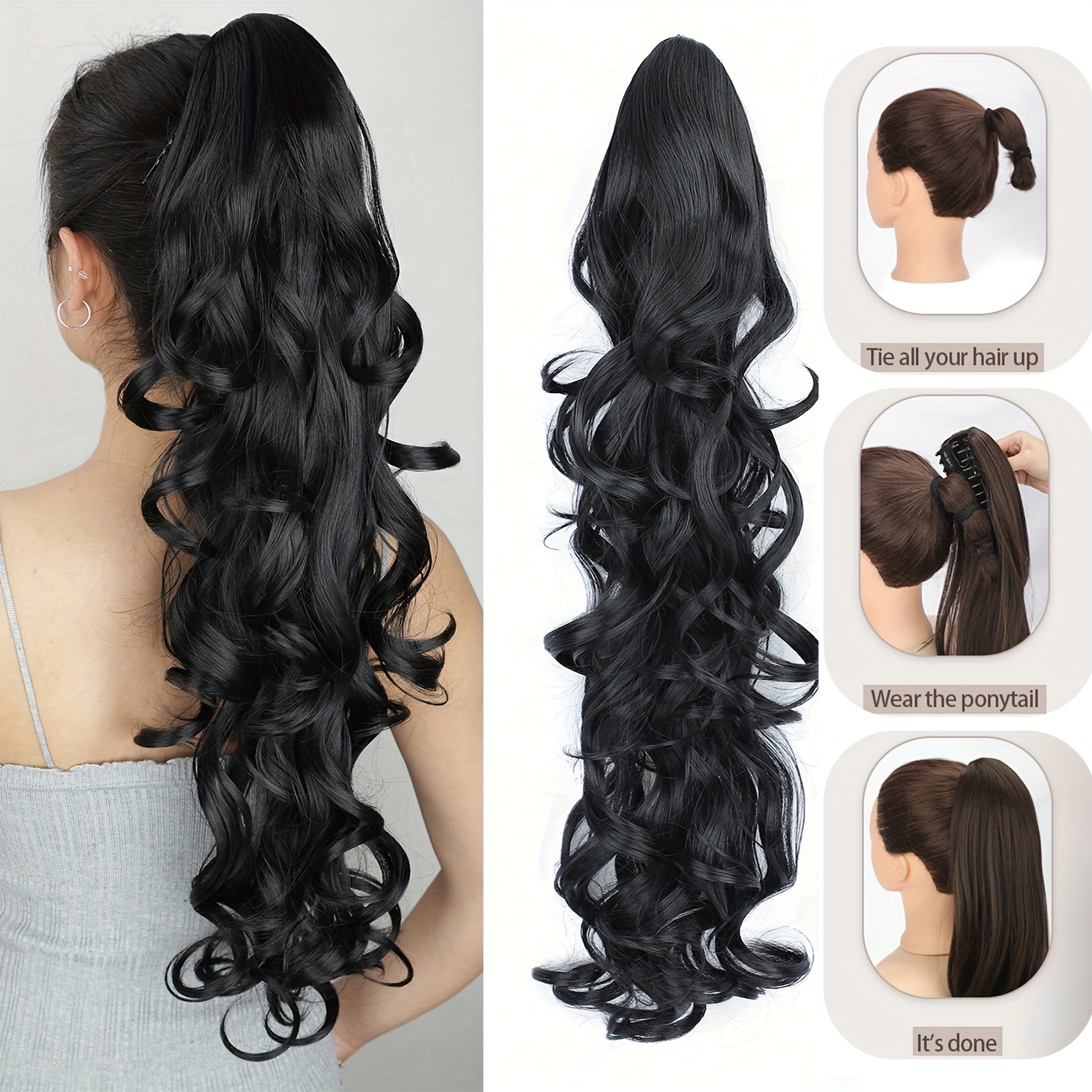 Women's Clip-In Ponytail Hair Extensions, Voluminous Wavy Curly Synthetic Hairpiece with Clip-On Attachment, Long Ponytail for Volume & Length, Soft Waves for Short Hair, Dark Brown/Black, for Parties, Weddings & Daily Use - Image 4