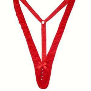 Christmas Men's High-Quality Novelty Bodysuit, Sexy Velvet V-String Panties, Pants God Small Bell + Bow, Christmas Costume, Off-Shoulder Design, Stretch Knit Fabric, Comfortable to Wear, Providing You with a Refined and Comfortable Wearing Experience