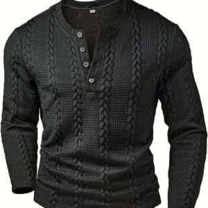 Men's Fashion Top, Autumn Winter Casual Textured Jacquard Fabric, Round Neck Single-Breasted Long Sleeve Henley Shirt